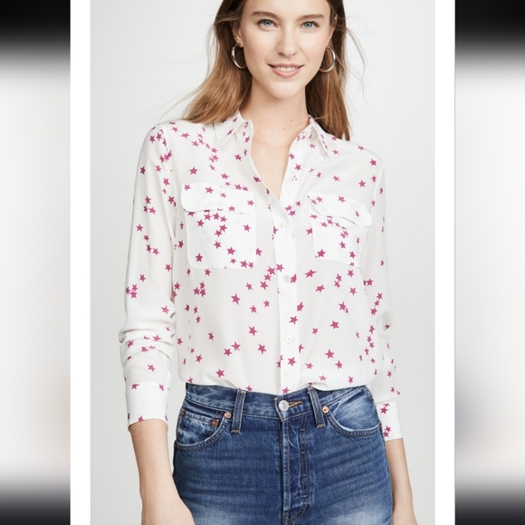 Equipment Tops - EQUIPMENT Slim Signature Silk Star Print Shirt White/Pink Size Small